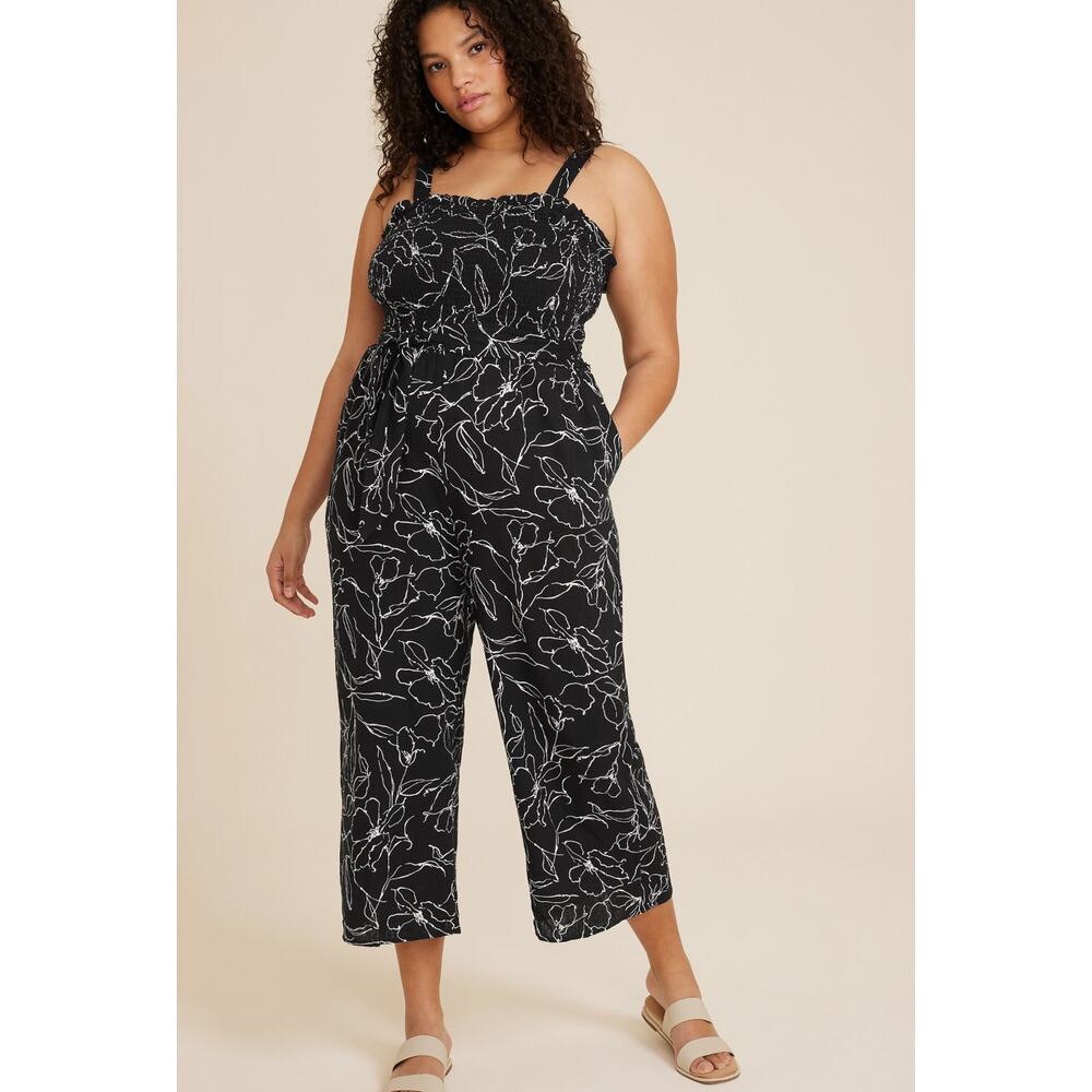 NWT Maurices Floral Linen Blend Smocked Wide Leg Cropped Jumpsuit‎ Women's 1X